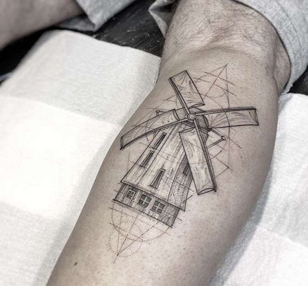 几何小腿风车纹身图案