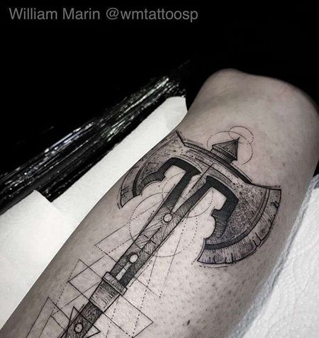 点线小腿斧子纹身图案