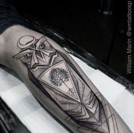 几何小腿猫头鹰纹身图案