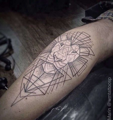 几何小腿狮子纹身图案