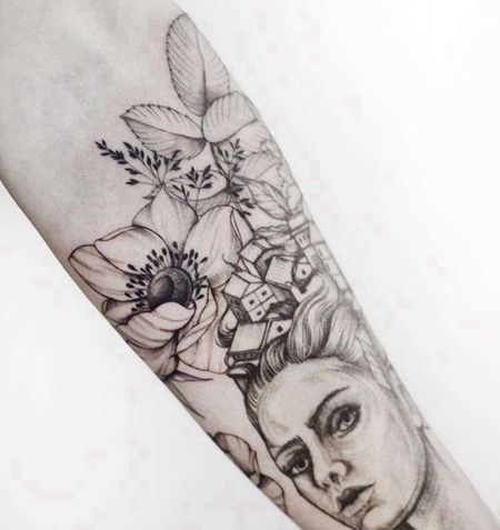 点线小臂女人花卉纹身图案
