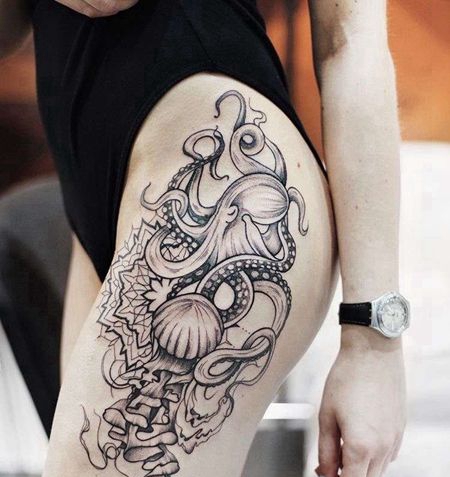 点线大腿章鱼水母纹身图案