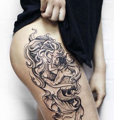 点线大腿美人鱼纹身图案