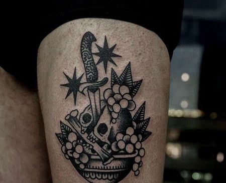 Old School大腿骷髅匕首纹身图案
