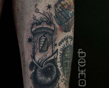 Old School大臂乌鸦灯塔纹身图案