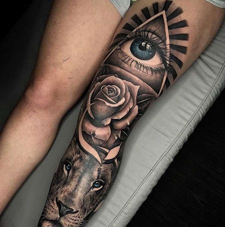 写实腿狮子玫瑰眼睛纹身图案