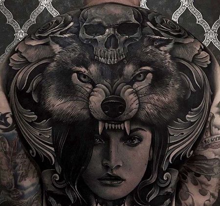 写实后背狼女人骷髅纹身图案