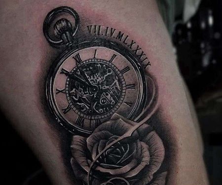 写实大腿玫瑰钟表纹身图案