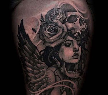 写实大腿女人骷髅纹身图案