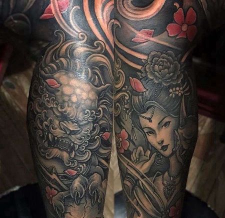 新传统小臂唐狮艺伎纹身图案