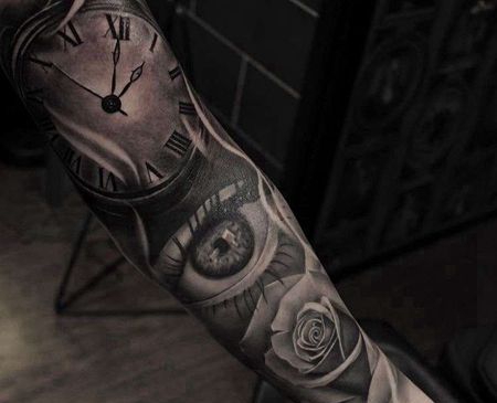 写实胳膊玫瑰眼睛钟表纹身图案