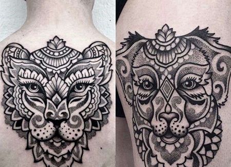点刺几何后背狮子纹身图案