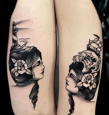 Old School小臂女人帆船灯塔纹身图案