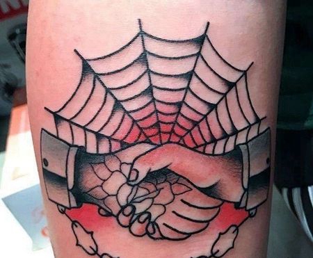 Old School大腿手蜘蛛网纹身图案