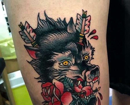 Old School大腿狼玫瑰纹身图案