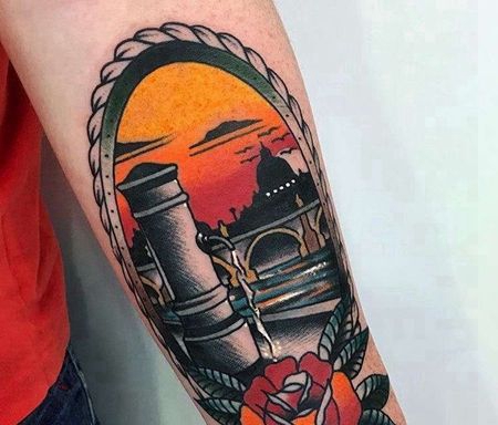 Old School小臂灯塔玫瑰纹身图案