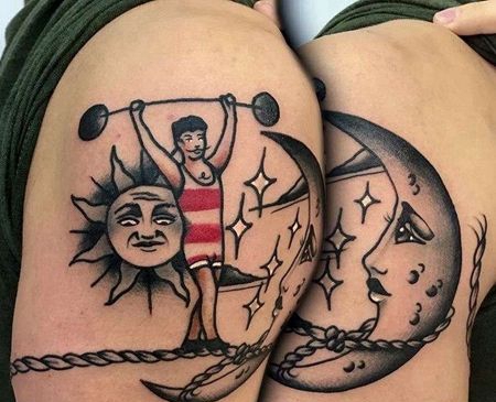 Old School大臂太阳月亮人像纹身图案