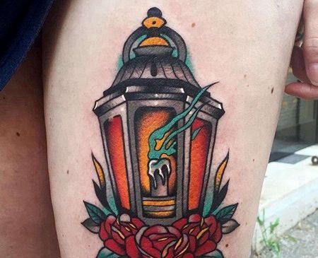 Old School大腿蜡烛纹身图案