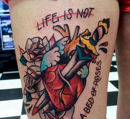 Old School大腿心脏匕首纹身图案