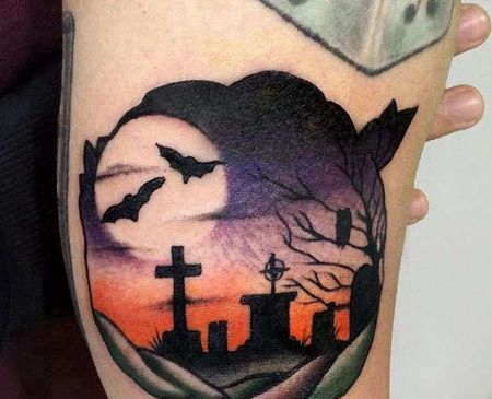 Old School大臂墓地纹身图案