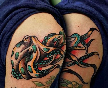 Old School膝盖章鱼纹身图案