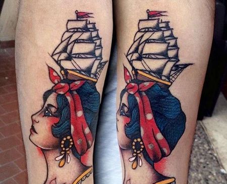 Old School小臂女人帆船纹身图案