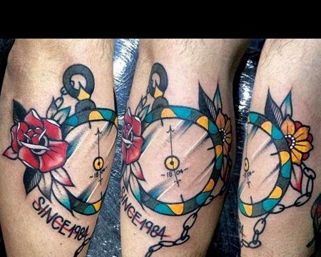 New School小臂钟表玫瑰纹身图案