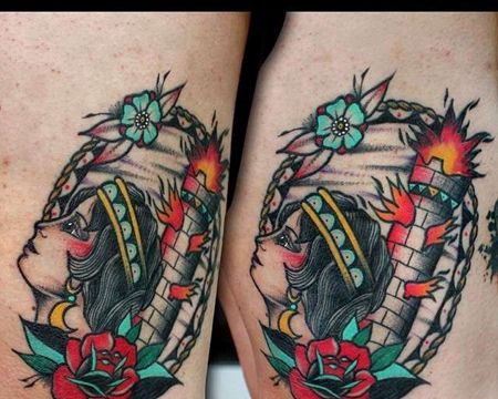 Old School大腿女人灯塔纹身图案