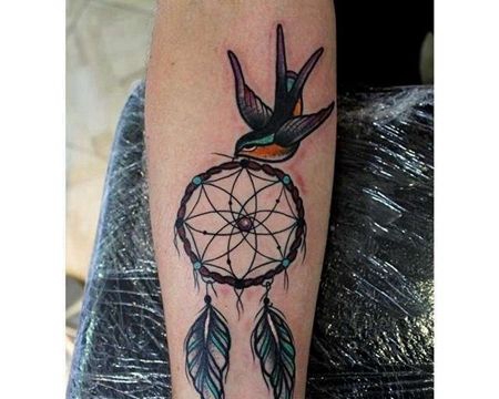 Old School小臂燕子捕梦网纹身图案