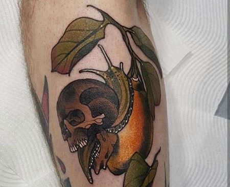 New School小臂蜗牛骷髅纹身图案