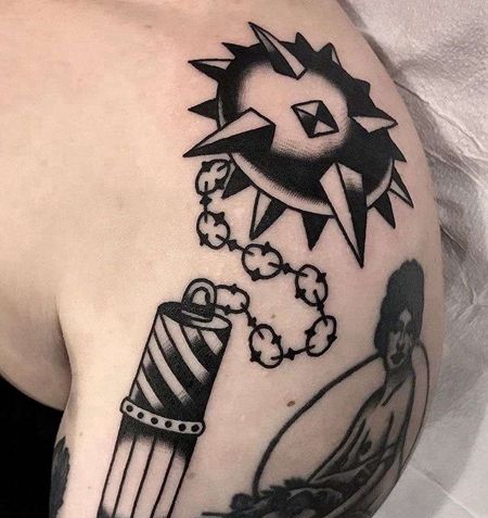 Old School大臂狼牙锤纹身图案