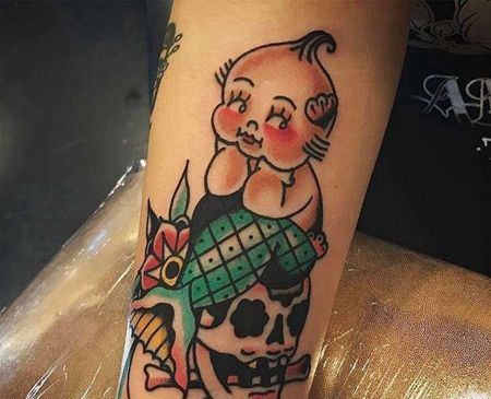 Old School小臂骷髅美人鱼纹身图案