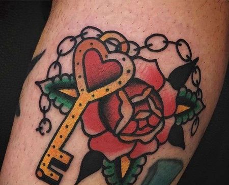 Old School小腿钥匙玫瑰纹身图案
