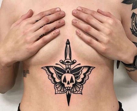 Old School腹部蝴蝶骷髅纹身图案