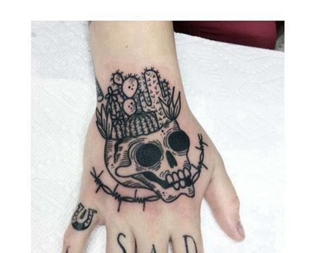 Old School手背骷髅仙人掌纹身图案