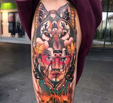 New School大腿狼女人纹身图案