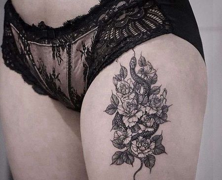 点线大腿玫瑰蛇纹身图案