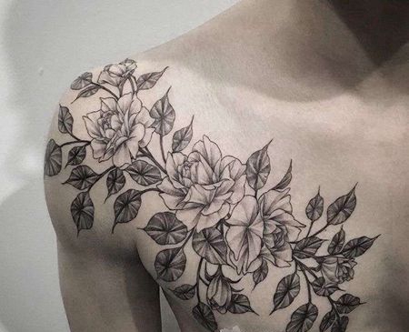 点线前胸玫瑰纹身图案