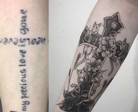 小清新小臂猫十字架纹身图案