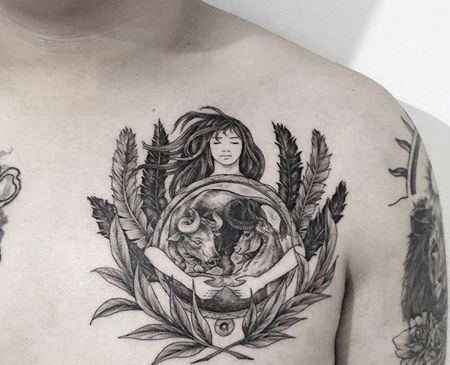 前胸牛羊女人纹身图案