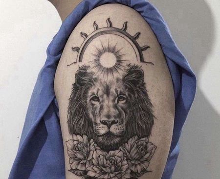大臂狮子花卉纹身图案
