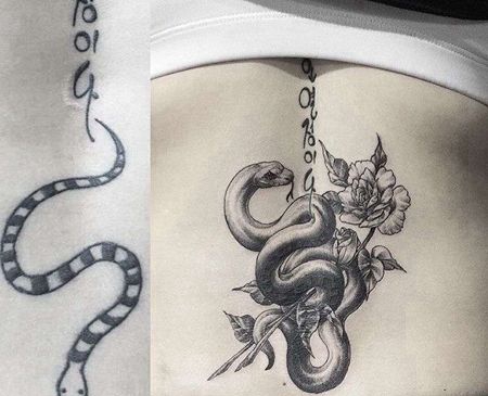 后背蛇玫瑰纹身图案