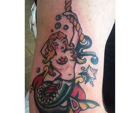 New School小腿美人鱼船锚纹身图案