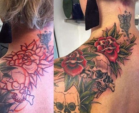 Old School后背骷髅玫瑰纹身图案