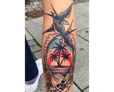 Old School小腿燕子椰子树纹身图案