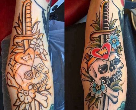 Old School胳膊骷髅匕首纹身图案