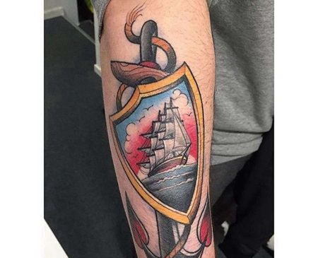 Old School小臂帆船船锚纹身图案