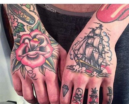 Old School手背帆船玫瑰纹身图案
