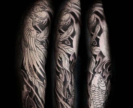 新传统胳膊凤凰鲤鱼纹身图案