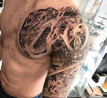 新传统大臂龙鬼武士纹身图案